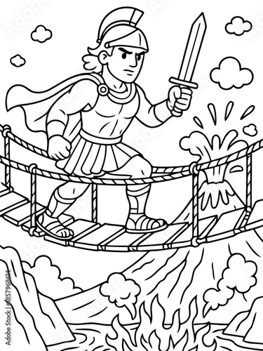 The Heroic Journey: A valiant warrior, clad in armor and helmet, strides confidently across a perilous bridge, sword raised against a backdrop of fire and volcanic eruption.
