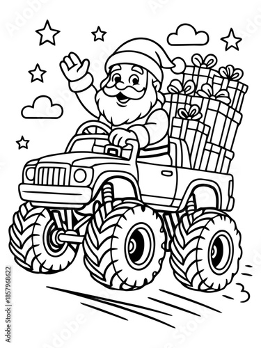 Santa's Monster Truck Delivery: A jolly character embarks on a festive journey, driving a formidable monster truck laden with gifts, set against a backdrop of twinkling stars and fluffy clouds.