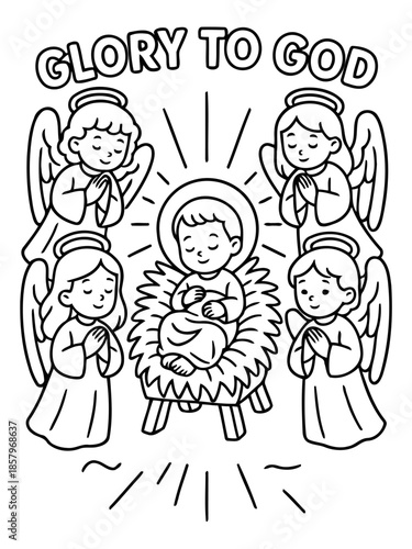 Nativity Scene Illustration: Adorable depiction of the birth of the Christ Child, with angels surrounding and the words Glory to God. Celebrating the holy essence of Christmas