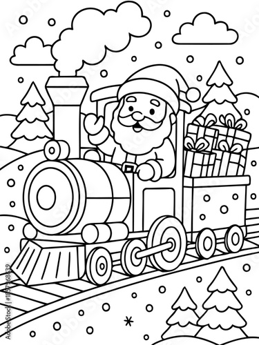 Santa's Christmas Express: Witness the holiday spirit as Santa Claus pilots a vintage train, laden with gifts, through a winter wonderland, conjuring a sense of festive anticipation.