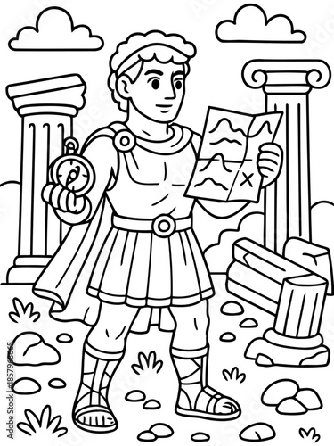 Ancient Explorer: Depicting a figure in classical attire, engrossed in a map, highlighting a journey of exploration and historical allure, showcasing the spirit of discovery and adventure.