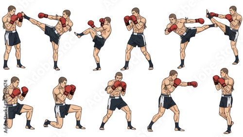 Boxer demonstrating martial arts kicks and punches in various action poses