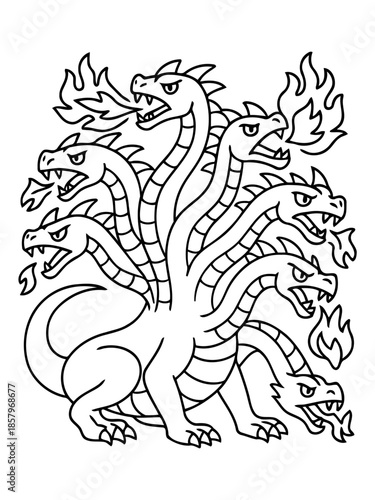 Mythical Hydra Illustration: An illustrated representation of the legendary Hydra, showcasing multiple fierce heads spewing fire. Depicting a mythical beast in its fearsome glory.