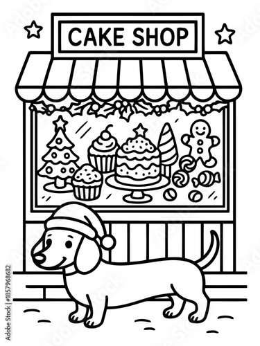 Sweet Tooth Delight: A charming illustrated image depicts a whimsical cake shop, adorned with delectable treats and a festive dachshund.