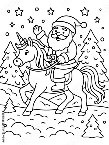 Santa's Magical Ride: Santa Claus joyfully rides a unicorn through a snowy landscape, a whimsical scene filled with stars and holiday cheer. 