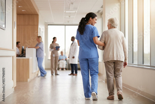 A nurse in blue scrubs gently assists an elderly female patient walking down a bright hospital corridor, with other medical staff and patients in the background.