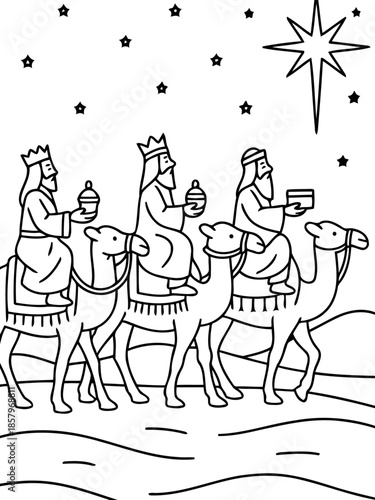 Journey of the Three Wise Men: A sacred illustration depicting the three wise men, following the guiding star. Embodying faith, wisdom, and the spirit of gift-giving and devotion.