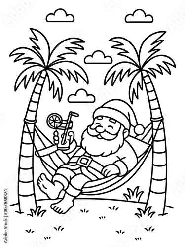 Santa's Tropical Getaway: Santa Claus relaxes in a hammock between palm trees, sipping a refreshing tropical drink, dreaming of a relaxing escape.