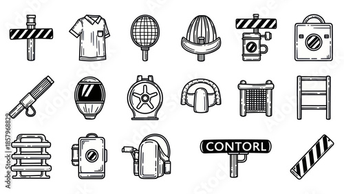 Collection of black and white line art vector icons related to work and tools