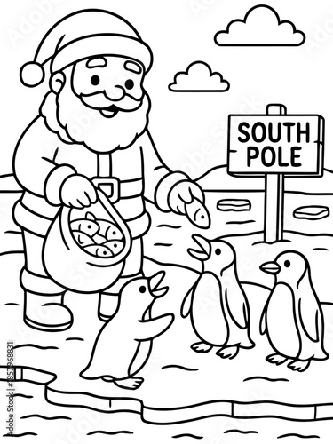 Santa Claus's Arctic Adventure: A jolly Santa Claus, complete with a classic red hat and snowy beard, merrily shares a bag of treats with a group of adorable penguins at the South Pole.