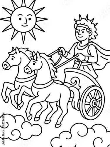 Sol Chariot's Triumph in the Sky: A celestial illustration depicts Sol, the radiant sun, steering his chariot through the clouds, heralding the dawn.