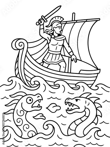 The Warrior's Voyage: A heroic figure, clad in battle armor, stands defiant against mythical sea creatures, sailing upon the waves with a raised sword, evoking a timeless tale of courage and conflict.