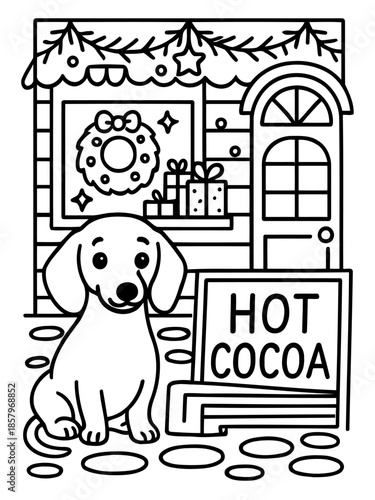 Festive Cocoa Corner: A charming monochrome illustration, featuring a cheerful dachshund patiently waiting outside a quaint establishment advertising hot cocoa during the holiday season. 