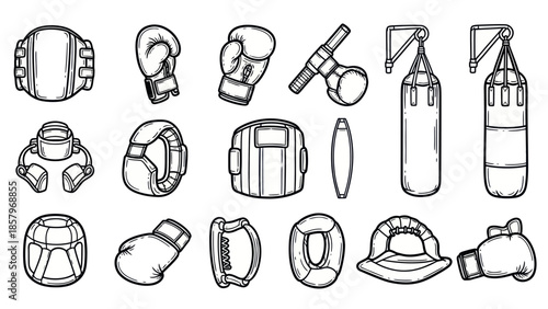 Boxing equipment collection vector illustrations for training and sport