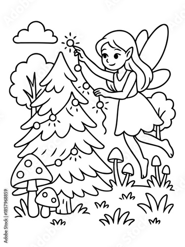 Enchanting fairy with holiday decorations: A whimsical depiction of a fairy, delicately adorning a Christmas tree with festive lights.