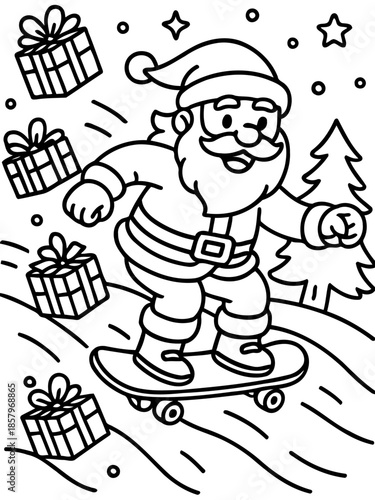 Santa Claus on Skateboard: A playful depiction of santa claus enjoying himself on skateboard with present box in festive holiday.
