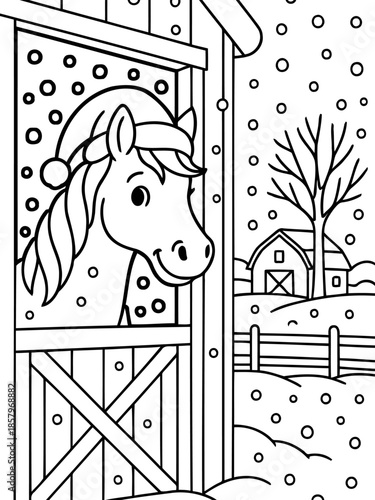 Festive Horse in Snowy Scene: A charming, line art illustration depicts a cheerful horse wearing a festive hat, gazing out from a barn window into a snowy winter landscape.