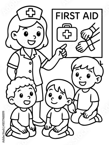 First Aid Lesson: A caring educator, in a white uniform, guides attentive children through essential first aid steps, sharing knowledge about injury assistance, creating a learning moment.