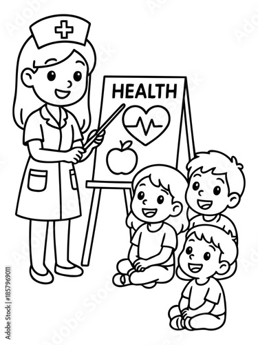 Health Lesson: A caring healthcare professional, elucidates health concepts to a group of attentive children, fostering awareness and knowledge about wellness.