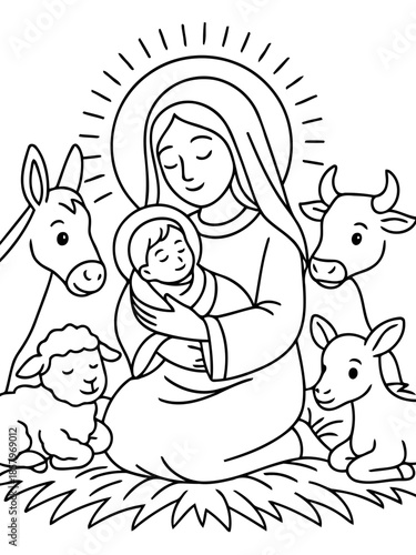 Sacred Embrace: A depiction of the nativity scene, showcasing a serene virgin cradling a newborn child, encircled by gentle animals in a scene of holy calm and purity.