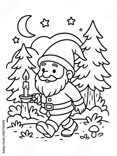 Whimsical Garden Gnome by Candlelight: A cheerful garden gnome with a flowing beard and a pointed hat, strolls through a moonlit garden, clutching a lit candle, radiating warmth and enchantment.