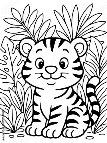A Whimsical Tiger Cub: A charming tiger cub with endearing stripes and innocent eyes sits amidst lush foliage, inviting children to color and bring it to life. 
