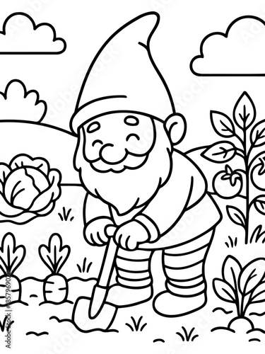 Garden Gnome's Daily Work: A charming garden gnome happily tends to his flourishing vegetable garden, surrounded by ripe carrots, plump tomatoes, and a leafy cabbage.