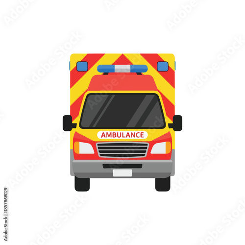 red ambulance with lights on emergency medical vehicle.