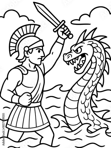 Mythic Duel: A courageous warrior, clad in ancient armor, fearlessly confronts a formidable sea serpent, their epic battle unfolding amidst churning waves and a dramatic sky.