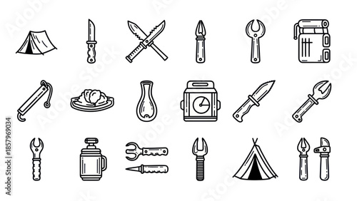 Camping and outdoor gear icons in black and white vector illustration set