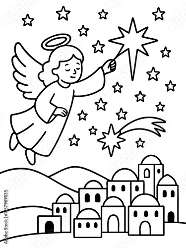 Celestial Guidance: An ethereal angel, emanating divine grace, hovers serenely above a quaint town, illuminating the night sky with a radiant star.