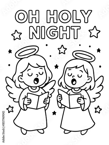 Oh Holy Night Coloring Page: The spirit of Christmas fills the air as angels sing praises, their voices harmonizing under the twinkling stars. This page invites a world of color and joy.