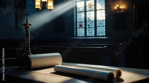 Interior of a church or cathedral, showing a scroll of scripture on a desk, indicative of religious service or liturgical ceremony.