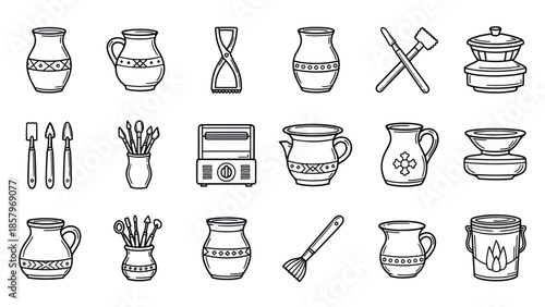 Ceramic pottery tools and vessels illustration collection isolated on white