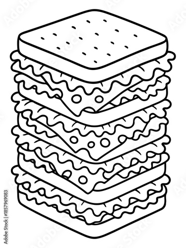 The Super Stacked Sandwich: An artistic depiction of an impressively stacked sandwich, a towering masterpiece of culinary construction, with layers of bread, cheese, and lettuce. 