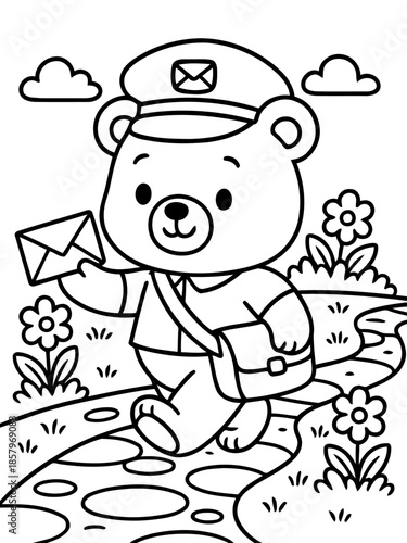 Bear the Mail Carrier: An adorable bear, dressed in a postman uniform, cheerfully carries a letter as he walks along a path. The cute illustration represents the joy of communication. 