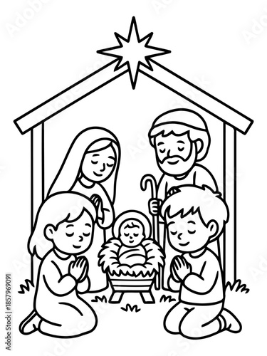 Nativity Scene: A depiction of the nativity scene, featuring Mary, Joseph, baby Jesus, and the star, representing the birth of Jesus and Christian faith. 