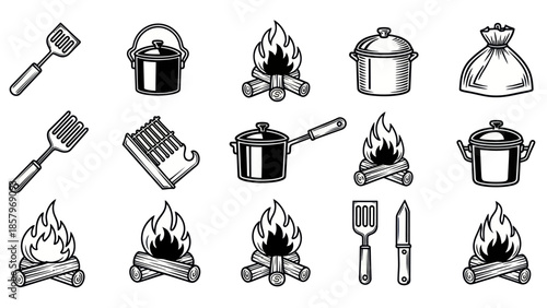 Camping equipment and campfire icons in monochrome illustration