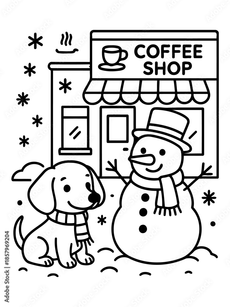 Fototapeta premium Winter's Coffee Shop Friends: A heartwarming winter scene unfolds, with a cheerful snowman and a cute dog, both adorned with scarves.