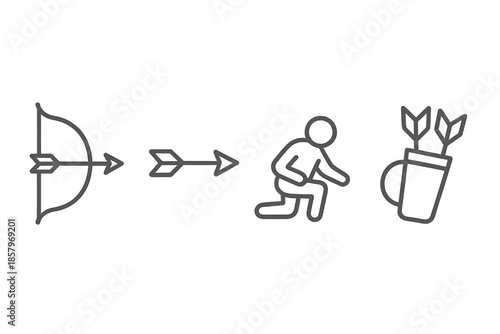Arrow Hunt Icons. Line style icons of Arrow Hunt Path: bow angle, pointed arrow, tracking stance, quiver loop, string pull, subtle