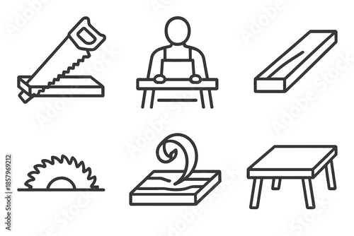 Sawbench Line Icons. Line style icons of Sawbench Timber Cut: angled saw, carpenter form, plank cut, tooth strip, shaving path,