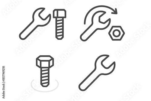 Tools and Fasteners Icons. Line style icons of Fixing Tool Bolt: wrench trace, tight bolt, repair arc, nut edge, grip sweep,