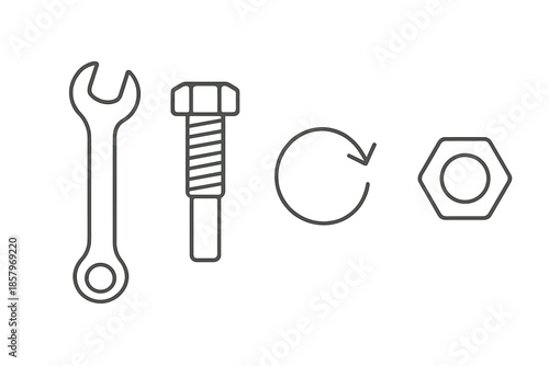 Bolt Tighten Icon. Line style icons of Bolt Tighten Tool: slim wrench outline, steel bolt, tighten curve, nut ring, handle line,