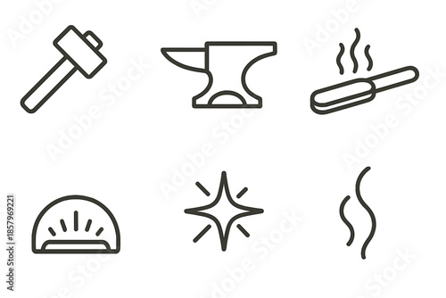 Smithing Icon Set. Line style icons of Smith Hammer Heat: hammer profile, iron anvil, heated metal, flare spark, forge glow,