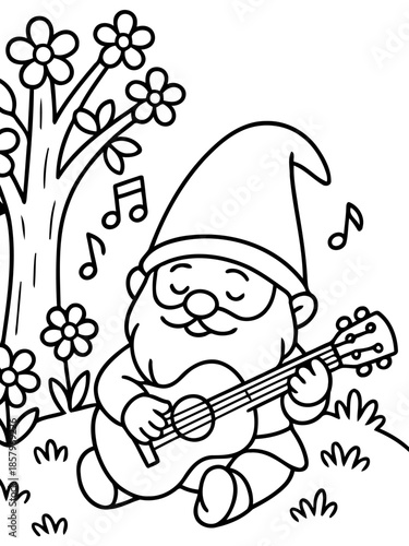 Musical Garden Gnome: A whimsical garden gnome serenades amidst a blossoming landscape. strumming a sweet melody on guitar, creating a scene of musical magic in the heart of nature.