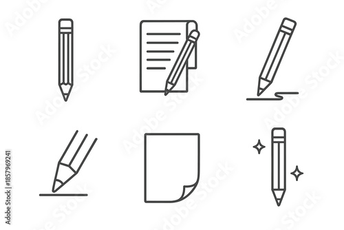 Draftline Pencil Icons. Line style icons of Draftline Pencil Set: tool profile, page line, draft stroke, tip detail, sheet arc,