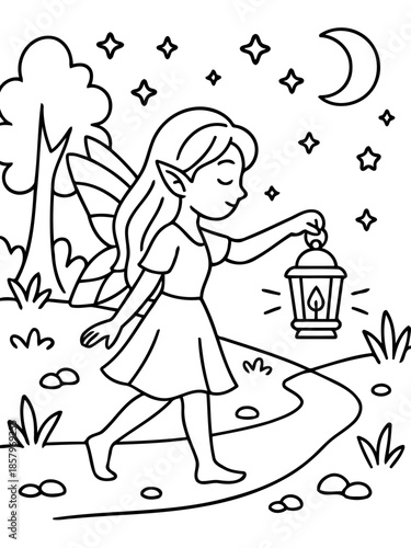 Enchanting Night Wanderer: A whimsical illustration depicts a fairy navigating a starlit path, holding a lantern in her quest to find the light of home. 