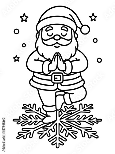 Santa's Yoga Retreat: A whimsical illustration captures a jovial figure of Santa Claus meditating on a snowflake, stars and snow.