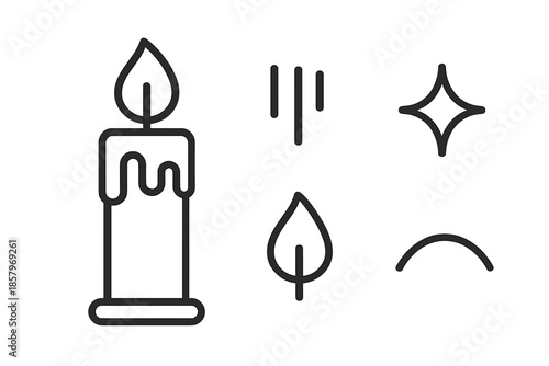 Candle Icon Silhouette. Line style icons of Waxglow Light Scene: candle silhouette, dripping lines, flame tip, wick detail, shine