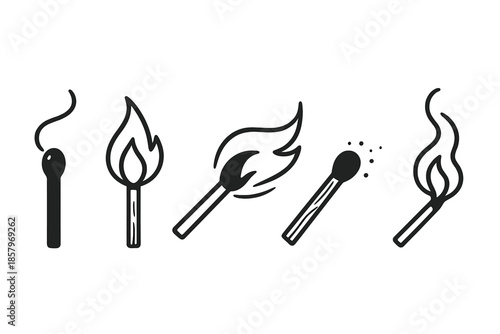 Matchstick Ignition Icons. Line style icons of Firestart Matchstick: match silhouette, fire rise, ignition sweep, stick grain,